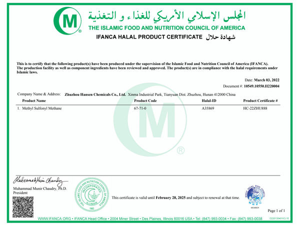 China Zhuzhou Hansen Chemicals Co.,Ltd certification