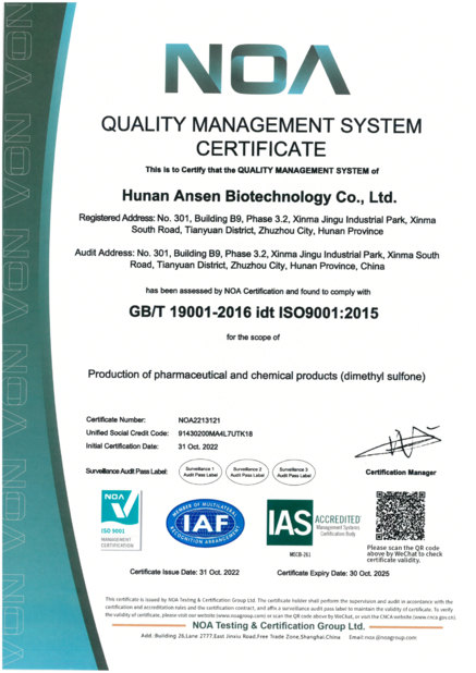 China Zhuzhou Hansen Chemicals Co.,Ltd certification