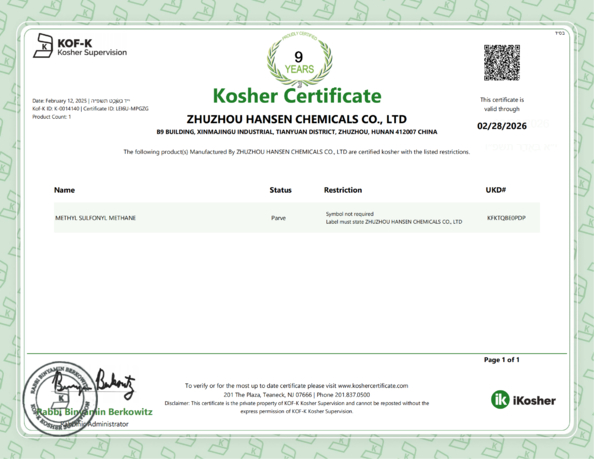 China Zhuzhou Hansen Chemicals Co.,Ltd certification